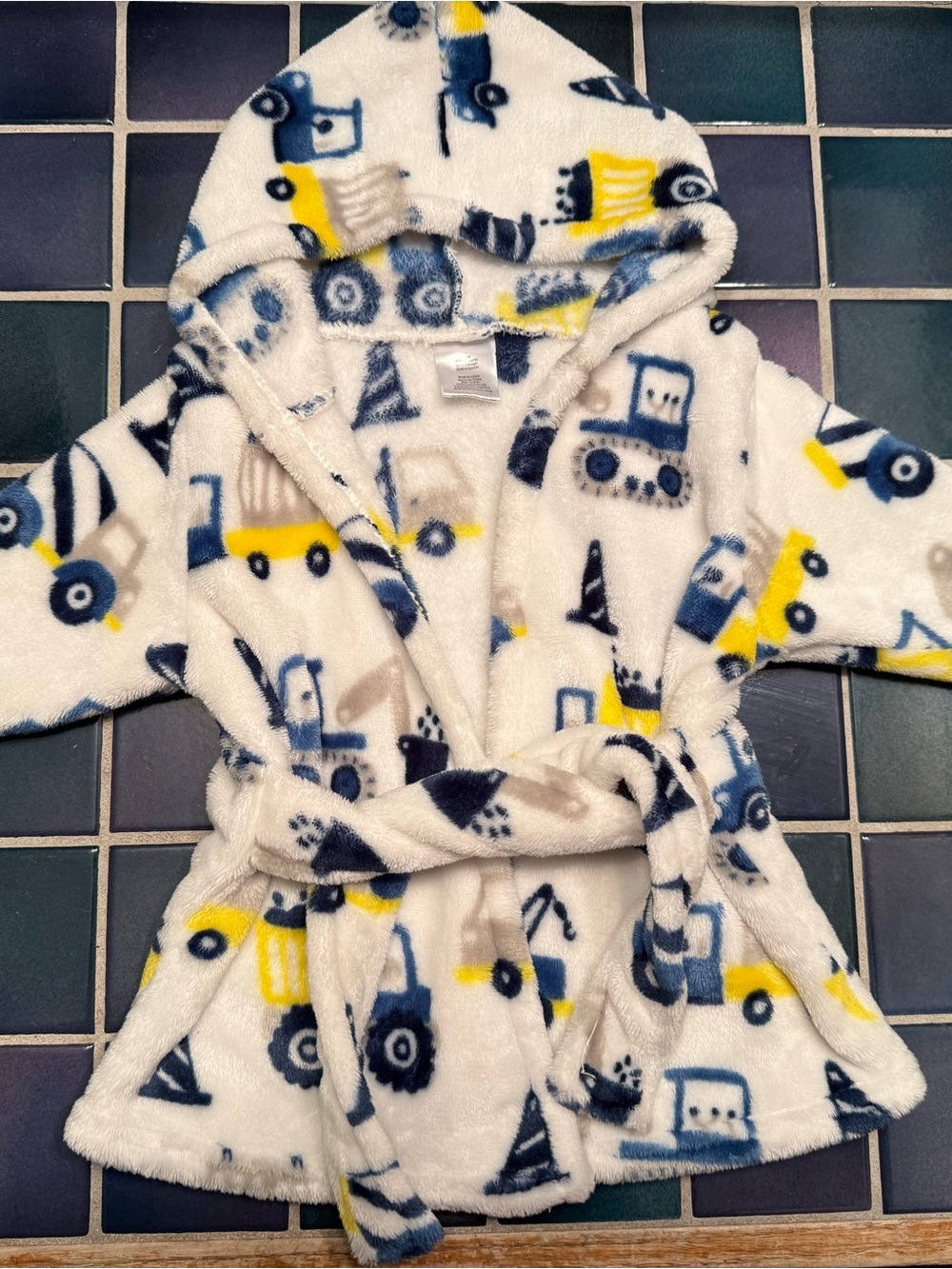 Plush White Hooded Kids Robe with Yellow & Blue Construction Print